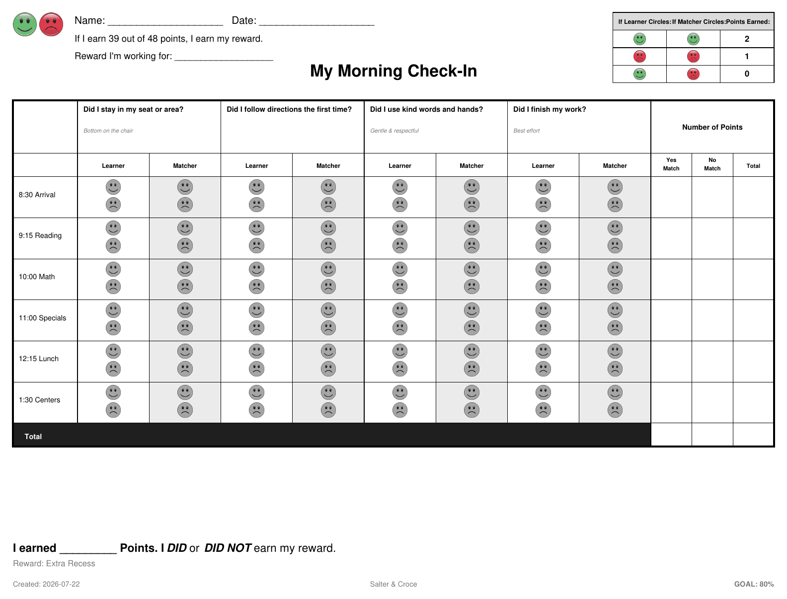 A full-day landscape Self & Match check-in form with smiley/frown faces